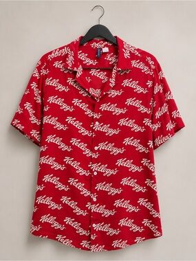 H&M Kellogg’s Logo Print Button Up Shirt Men’s L Graphic Streetwear Short Sleeve